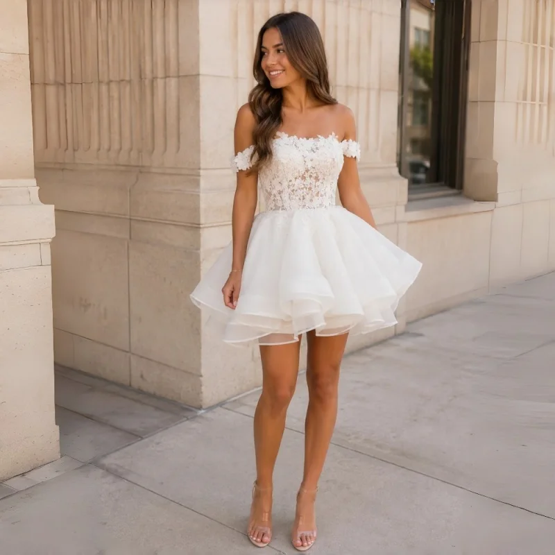 

Off Shoulder 3D Floral Lace Mini Wedding Dress Lace-Up Back High Waist Double Layer Organza A-Line Skirt Evening Gowns Customiza