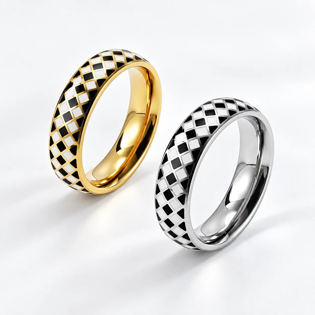Black White Checkerboard Stainless Steel Ring for Women 6mm Enamel Geometric Band Gold Color Silver Color Fashion Jewelry Gift