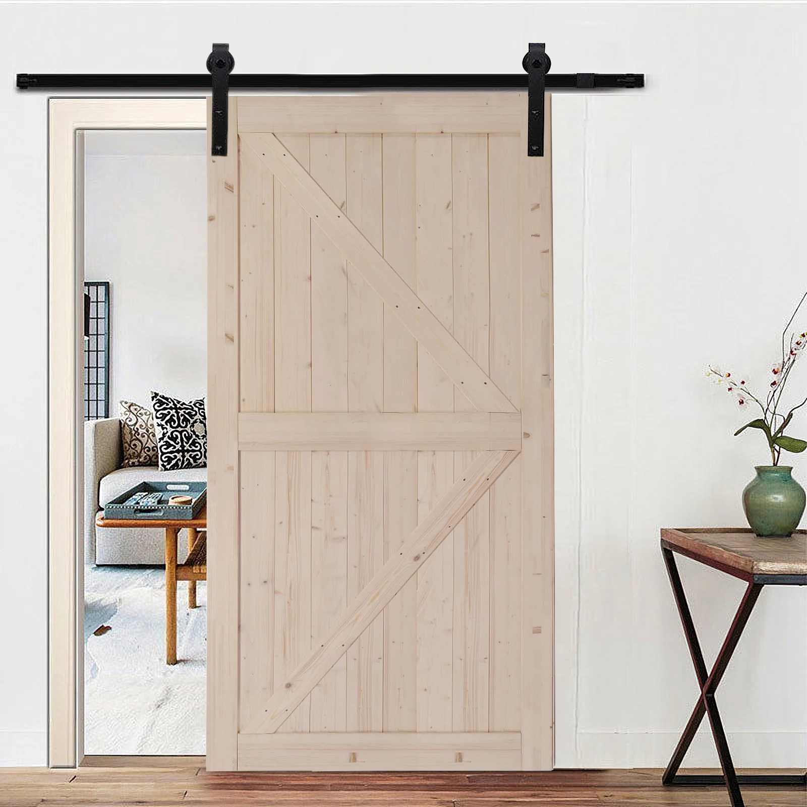 

42 in. x 84 in. Unfinished Sliding Barn Door with 7FT Barn Door Hardware Kit & Handle ，K Frame，Solid Spruce Wood