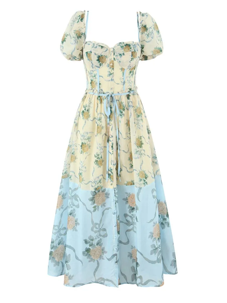 

Bohemian Dress Vintage Vestidos Temperament Dresses 2025 Woman Vestido Elegant Puff Sleeves Floral Print Slim Holiday Vacation