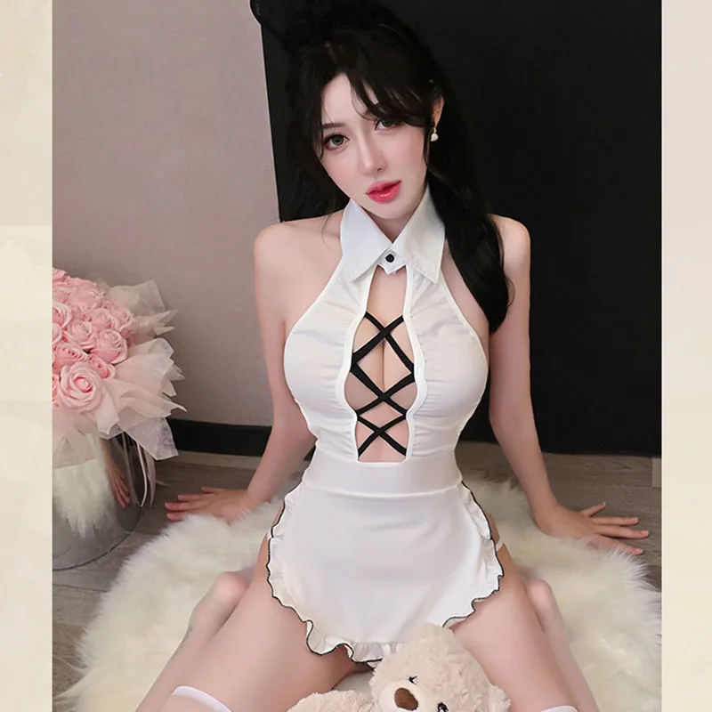 Lencería Sexy para mujer, picardías de sirvienta, juego de rol, delantal blanco, uniforme sin espalda, delantal sexual de sirvienta, vestido, uniforme de sirvienta Sexy, ropa exótica
