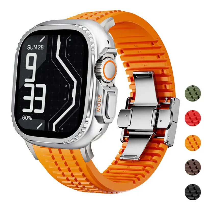 

Чехол + ремешок для Apple Watch Ultra 3 49 мм 46 мм 45 Металлический чехол из нержавеющей стали Силиконовый спортивный браслет для серии 11 10 6 5 9 Ремешок