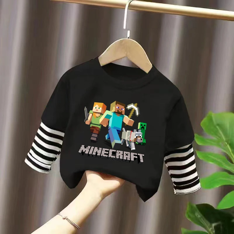 Game Theme Print Striped Long Sleeves Minecrafted Boy Autumn Leisure Long Sleeves  Children Tops Fashion Pullovers Clothing Gift