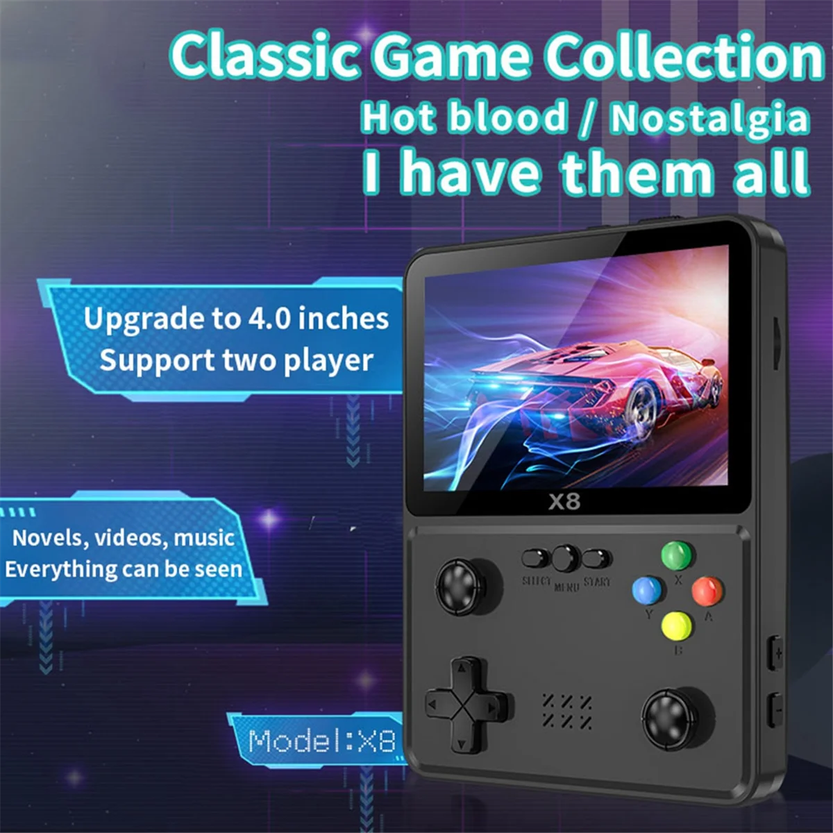X8 Retro Game Console 4 inch IPS Scherm Handheld Game Player 10 Simulators Video Game Console voor SFC GBC GBA Zwart
