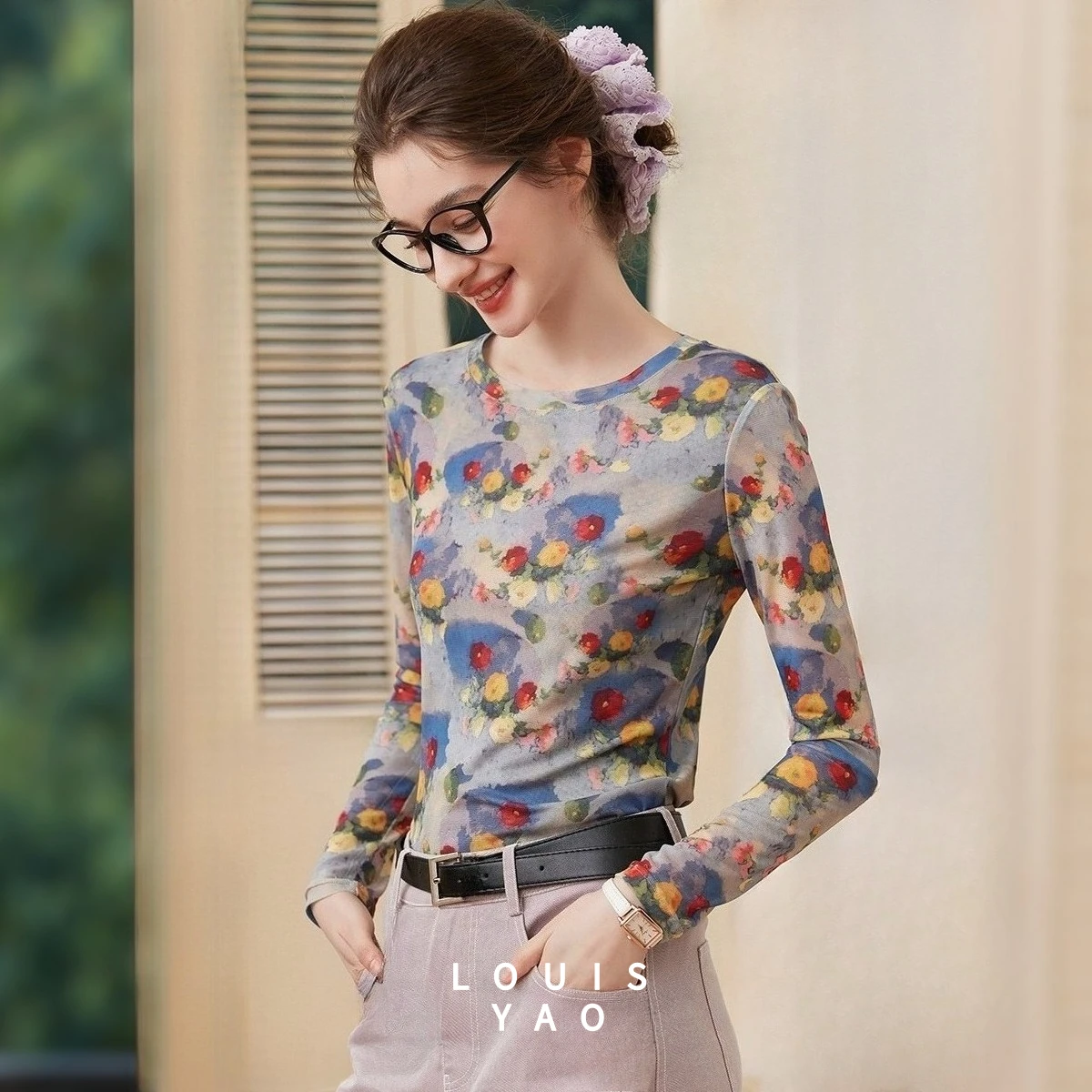 LOUISYAO 2026 Spring Women Gentle Sweet Printed T-Shirt Slim Fit Regular Shoulder Long Sleeve Knitted Pullover Top