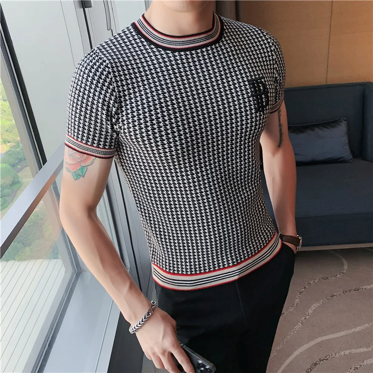 2025 new men's summer crew neck embroidered letter thousand bird grid knitted ins high-end slim-fit bottoming shirt