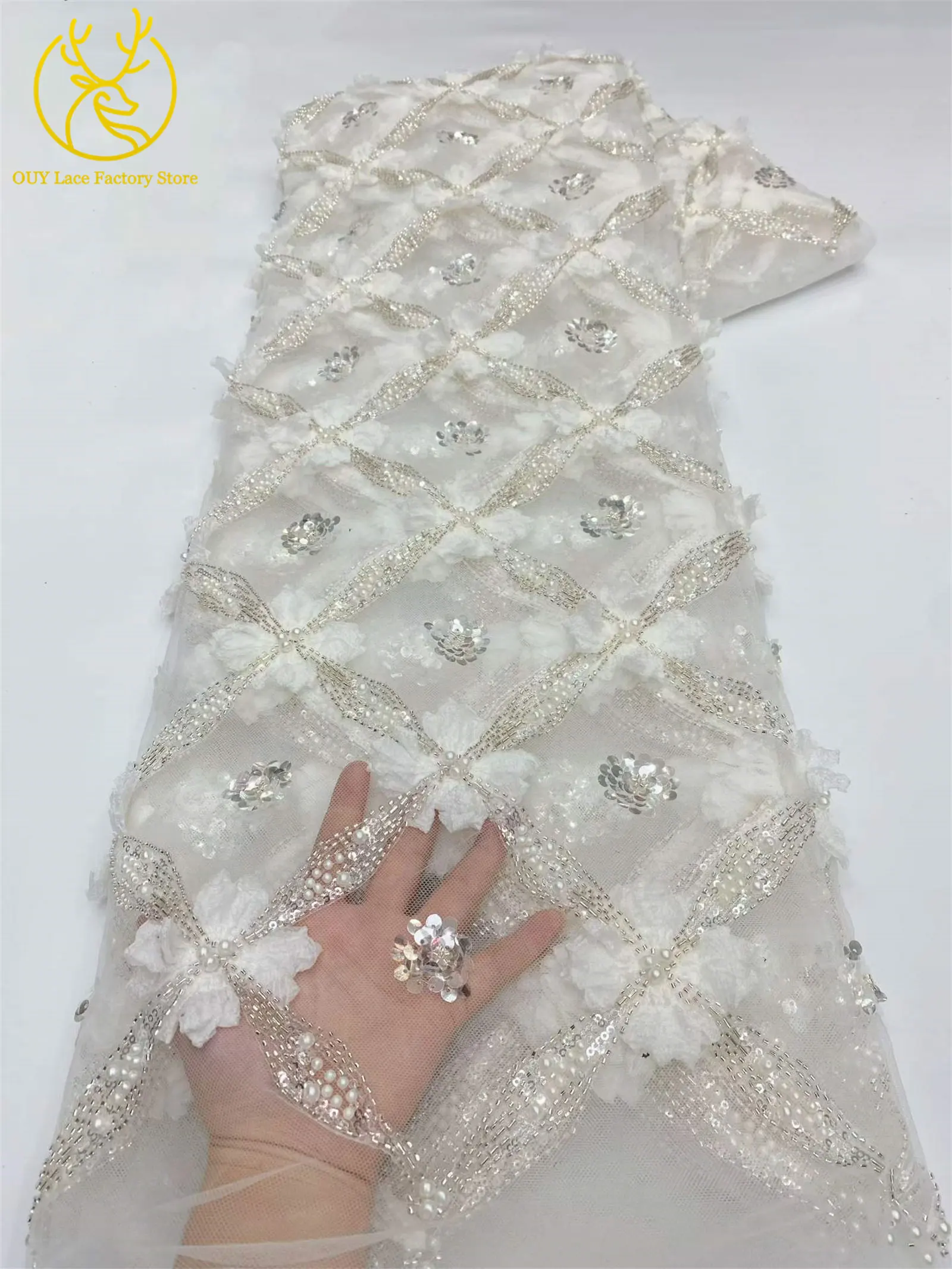 Eleganter, modischer nigerianischer 3D-Tüll-Pailletten-Spitzenstoff, hochwertiger afrikanischer Perlen-Spitzenstoff zum Nähen von Hochzeitskleidern, 5 Yards – Detail 19