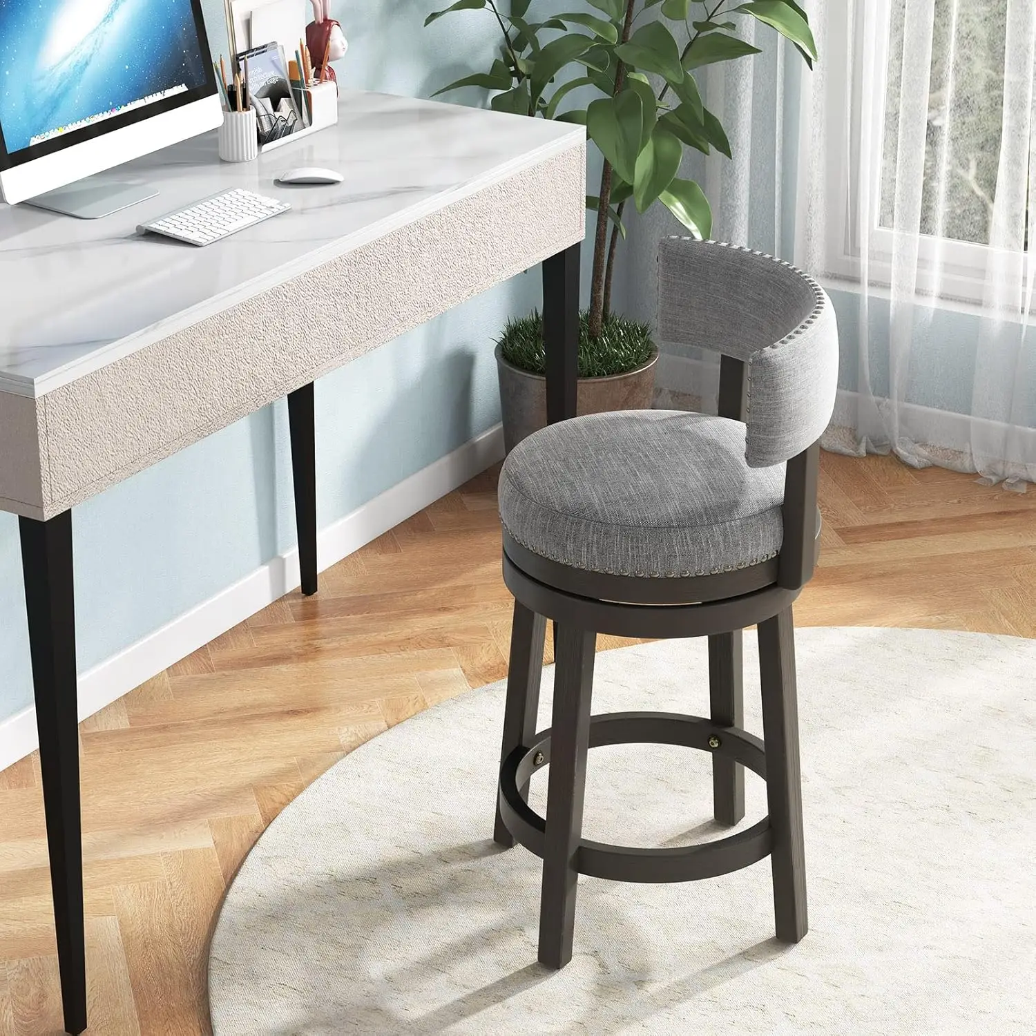 Bar Stool, 27-inch 360° Swivel Barstool with Upholstered Back & Seat, Solid Rubber Wood Legs & Footrest, Farmhouse Count