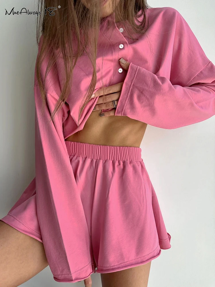 Mnealways18 Brightly Green Two Pieces Outfits Cropped Shirts And Wide Legs Shorts Women Casual Sets Autumn Winter Solid Suits