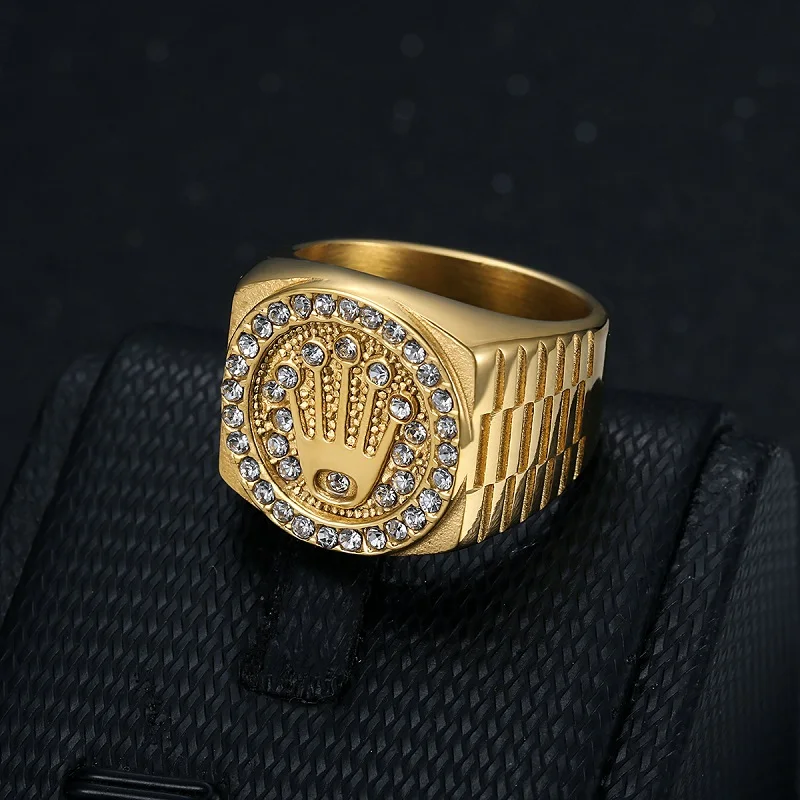 New Rapper Men\'s Stainless Steel Wide Hip Hop Ring Statement Gold Plated Crown Party Jewelry Ring Accessories Birthday Gift