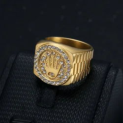 New Rapper Men's Stainless Steel Wide Hip Hop Ring Statement Gold Plated Crown Party Jewelry Ring Accessories Birthday Gift