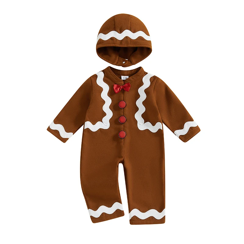 Girls Boys Christmas Jumpsuit Long Sleeve Crewneck Gingerbread Man Romper with Hat