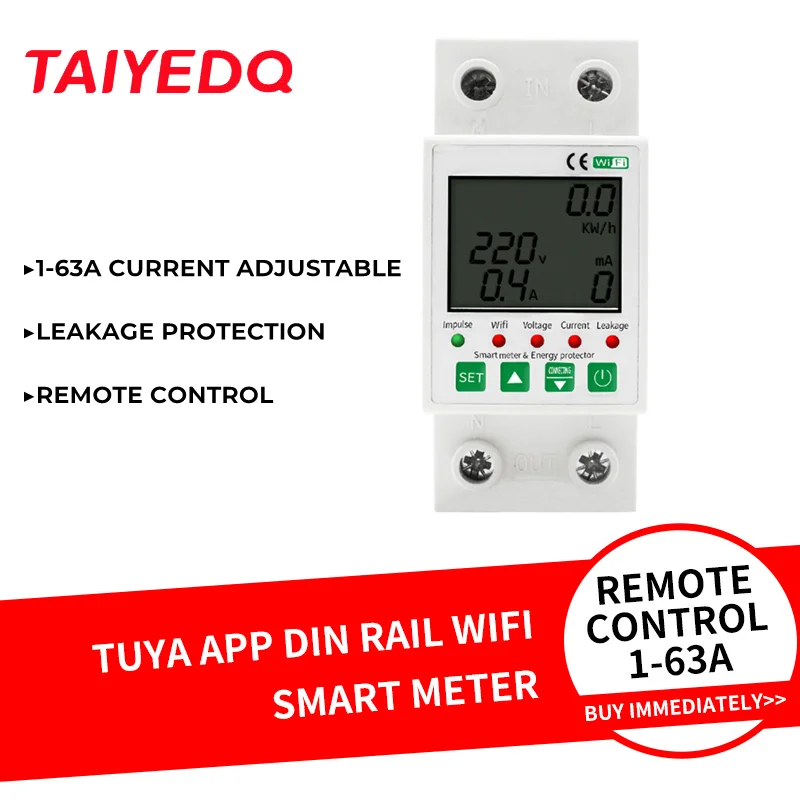 63A 2P TUYA WiFi Smart Circuit Earth Leakage Over Under Voltage Protector Relay Device Switch Breaker Energy Power kWh Meter