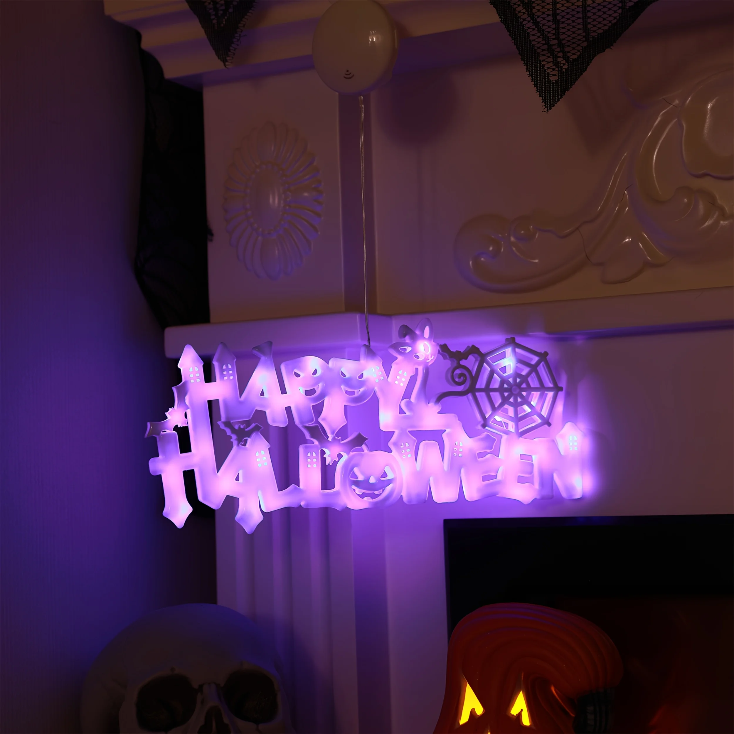 Happy Halloween Neon Sign LED Light Spider Web Hanging Lamp Window Front Door Home Halloween Party Wall Decor Light