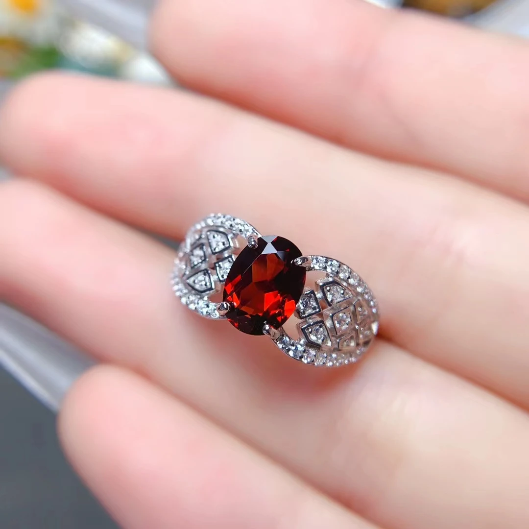 Solid 925 Silver Garnet Ring 6mm*8mm 1ct Natural Garnet Jewelry 3 Layer 18K Gold Plated Ring Gemstone for Party