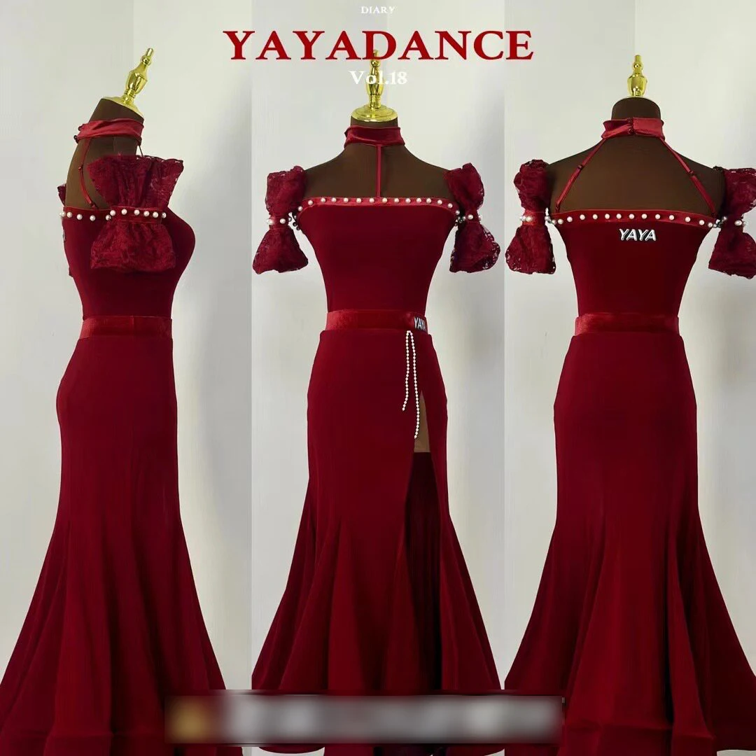 

Ballroom Dance Clothes Women Waltz Dance Competition Dress Pearl Tops Slit Skirt Tango Dance Performance Wine Red Black Dress