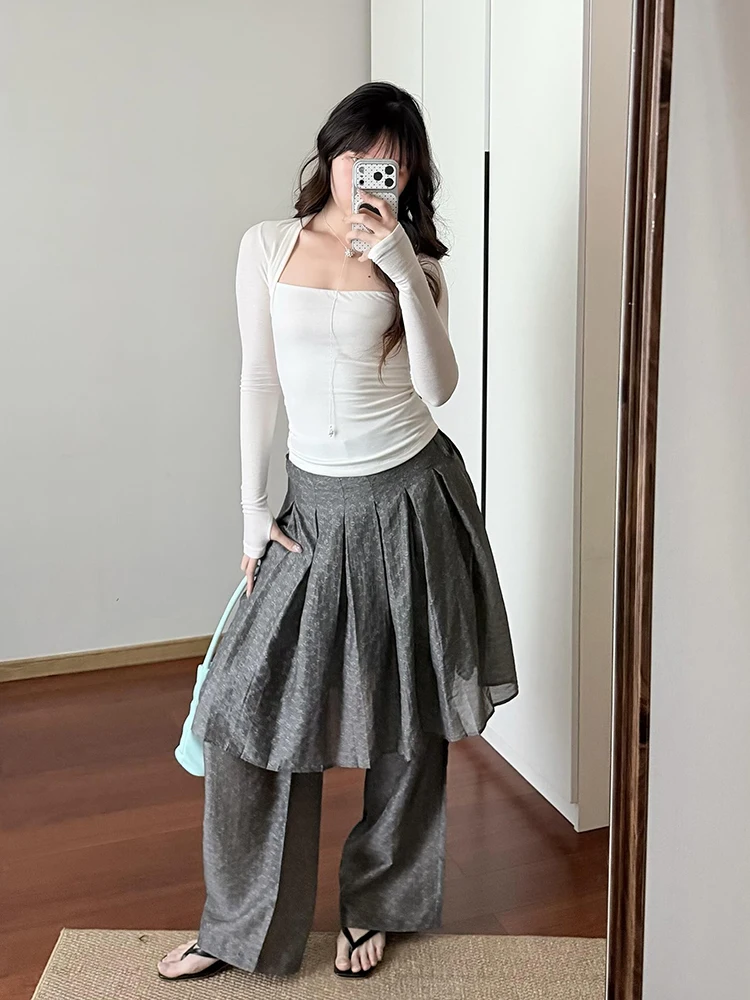 ReddaChic Pleat Skirt Overlay Women Trousers Summer Jacquard Wide Leg Strappy Breathable Wrap Pants Lounge Alternative Clothes view 4
