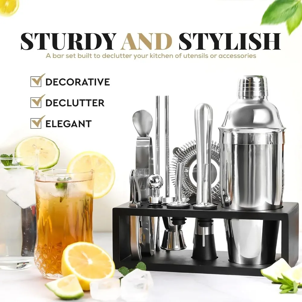 

15 Piece Silver Mixology Bartender Kit with Stand Cocktail Shaker Bar Tool Set Includes Jigger Strainer Bar Spoon Tongs Bottle Opener Drink Mixing Barware Gift