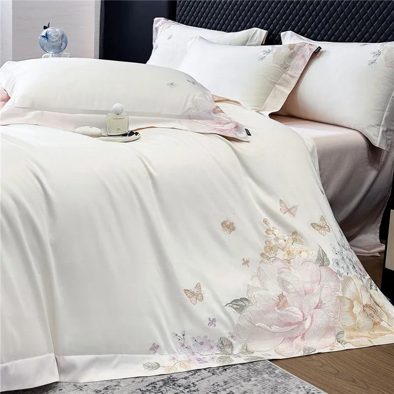 Butterfly Flower Embroidery 600TC Egyptian Cotton Luxury Bedding Set Duvet Cover Set Flat/Fitted Bed Sheet Pillowcases