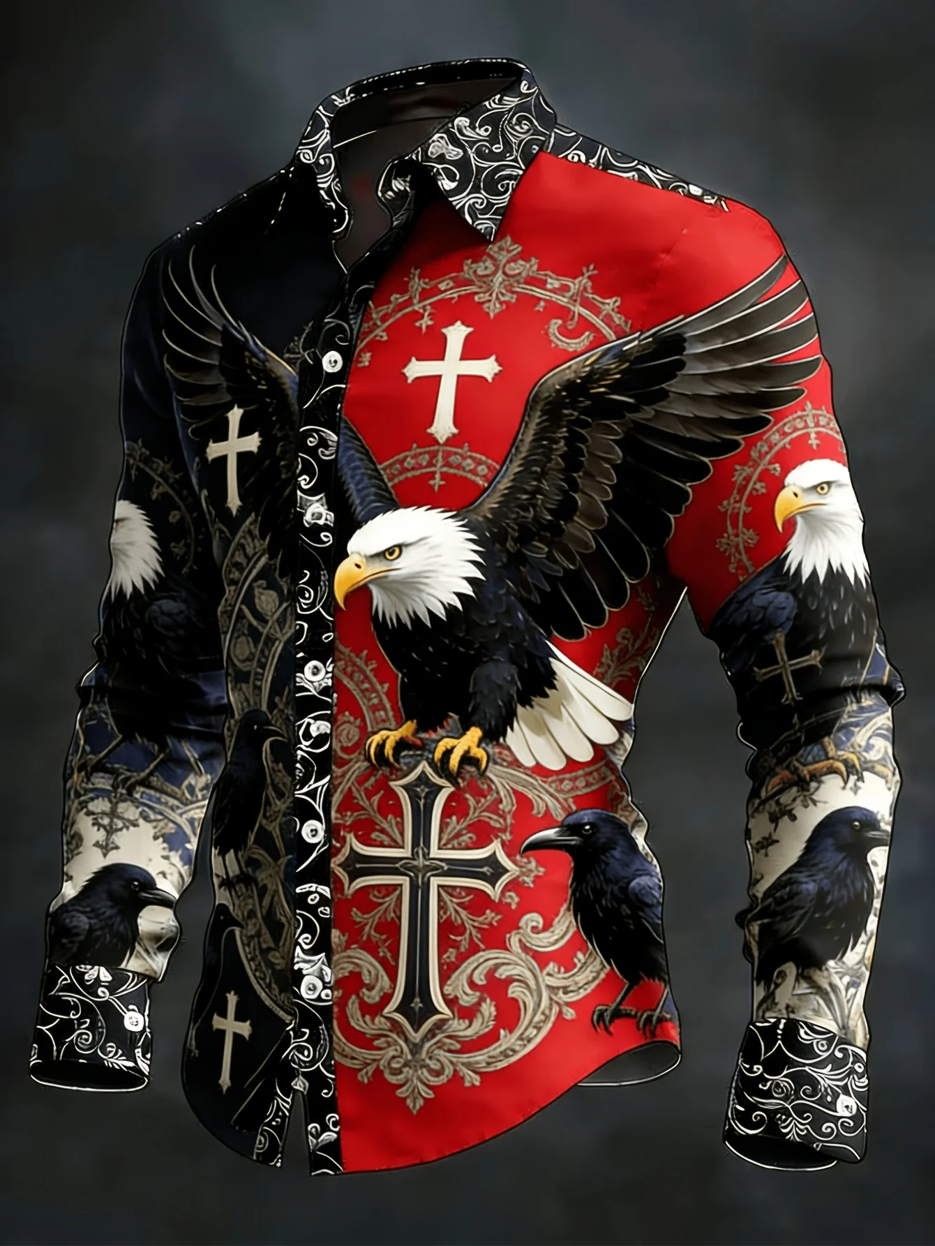 Men'S Trendy Style Eagle And Cross Digital Print Shirt, Turn- Collar for Style, Ideal for Daily Streetwear, Smooth Texture, Perf