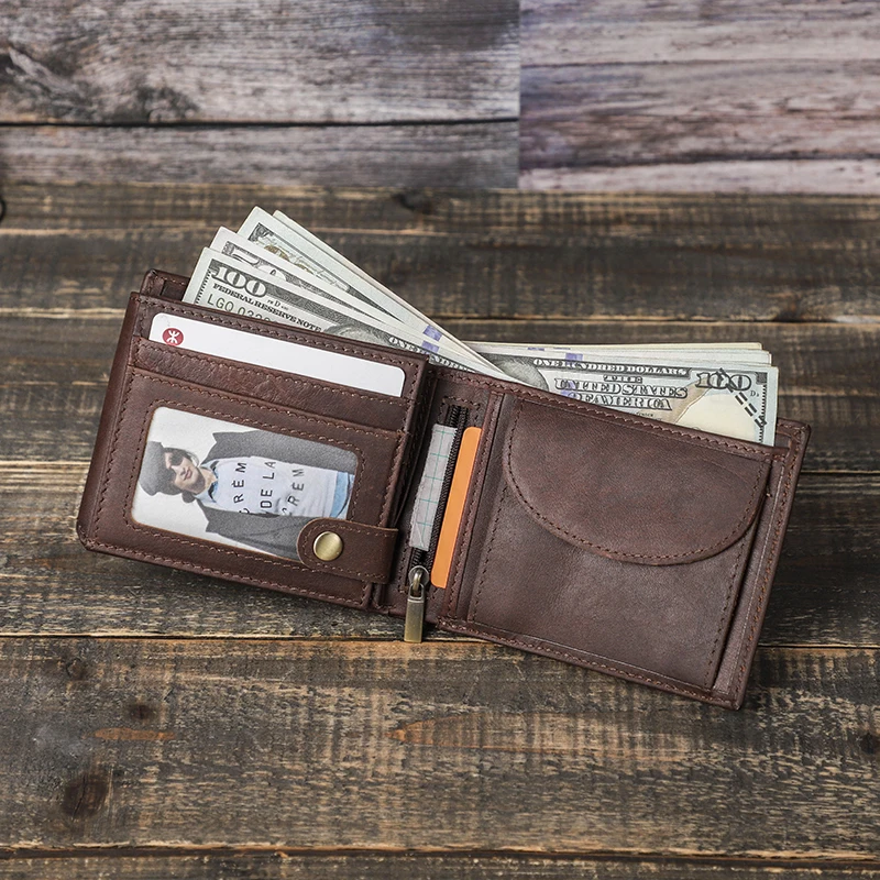 CONTACT'S RFID Men Wallet Short Trifold Vintage Men's Wallets Card Holders Coin Purses Money Clip Men Wallets Metal Chain