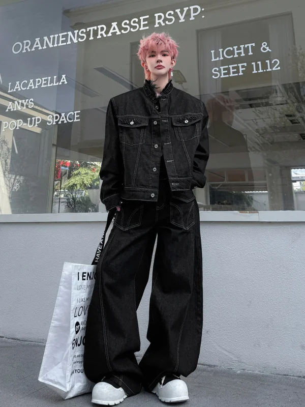 

Spring 2026 Men's Fashion Short Denim Jacket And Long Pants Two-Piece Set Stand Collar Trendy Brand High-End Feelings