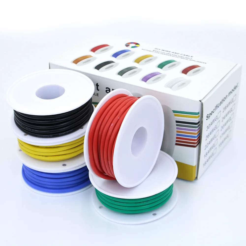 Fio e cabo flexíveis do silicone misturados, linha de cobre pura estanhada DIY, 30AWG, 50M, 100M, 5 cores em uma caixa