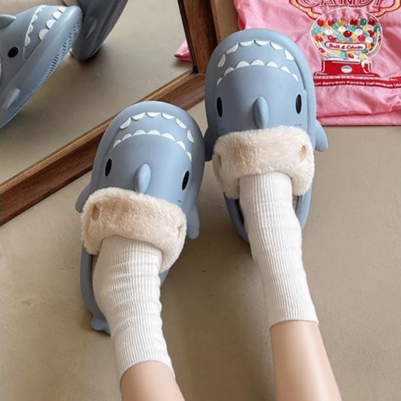 Warm Winter Women Men Shark Cotton Slippers Plush Thick Non-slip Slides Plush Couple Home Sandals Flat Shoe Shark Flip Flops