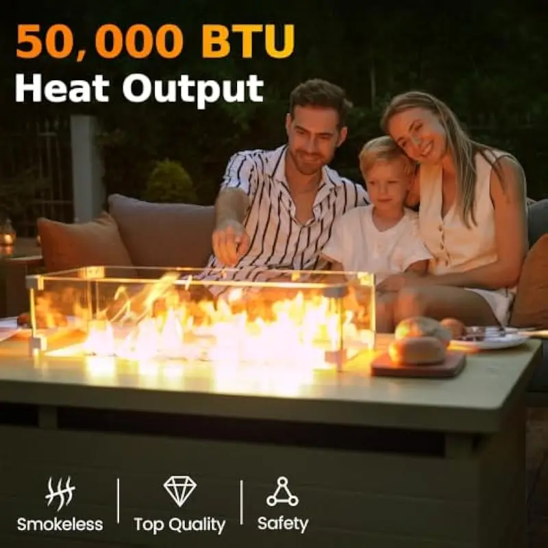 51 Inch Rectangular Outdoor Fire Table with 50000 BTU Propane Burner, Removable Lid and Tempered Glass Wind Shield, Modern Metal