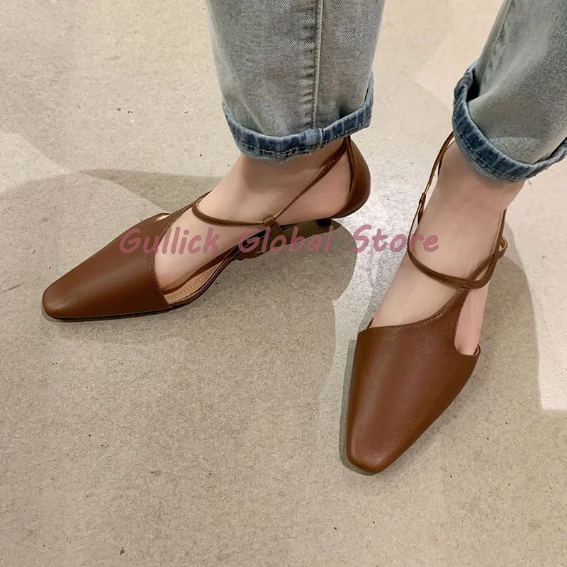

2024 New Arrival Genuine Leather Pointed Toe Shallow Ankle Buckle Stiletto Sandals Wrapped Toe Summer Casual Comfortable Shoes
