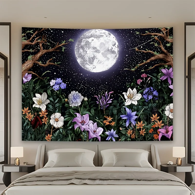 Large Full Moon Floral Tapestry Night Sky Botanical Boho Wall Hanging Romantic Cosmic Decor Art 150x300cm