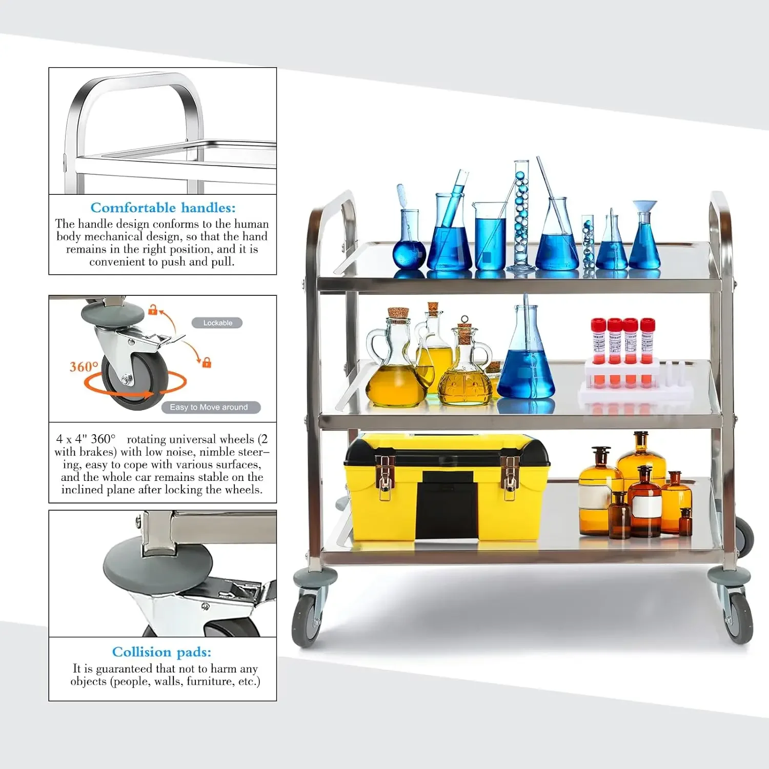 Utility Carts with Wheels Stainless Steel Cart 3 Tier Kitchen Cart Lab Medical Matel Cart with Lockable Wheels for Home Office R