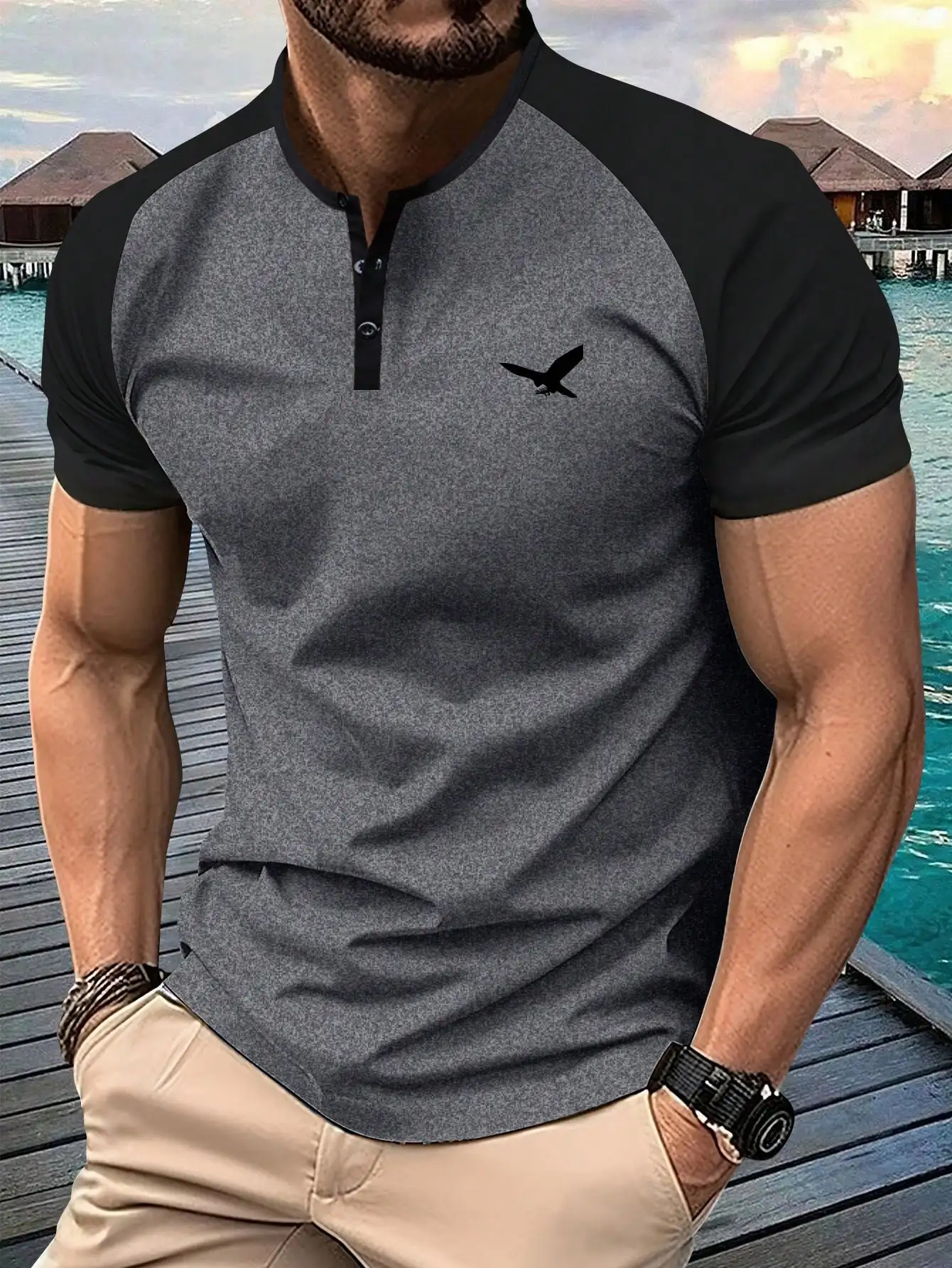 

Men's Gray Black Raglan Sleeve Henley Tee with Eagle Graphic, Summer Casual Outdoor Wear