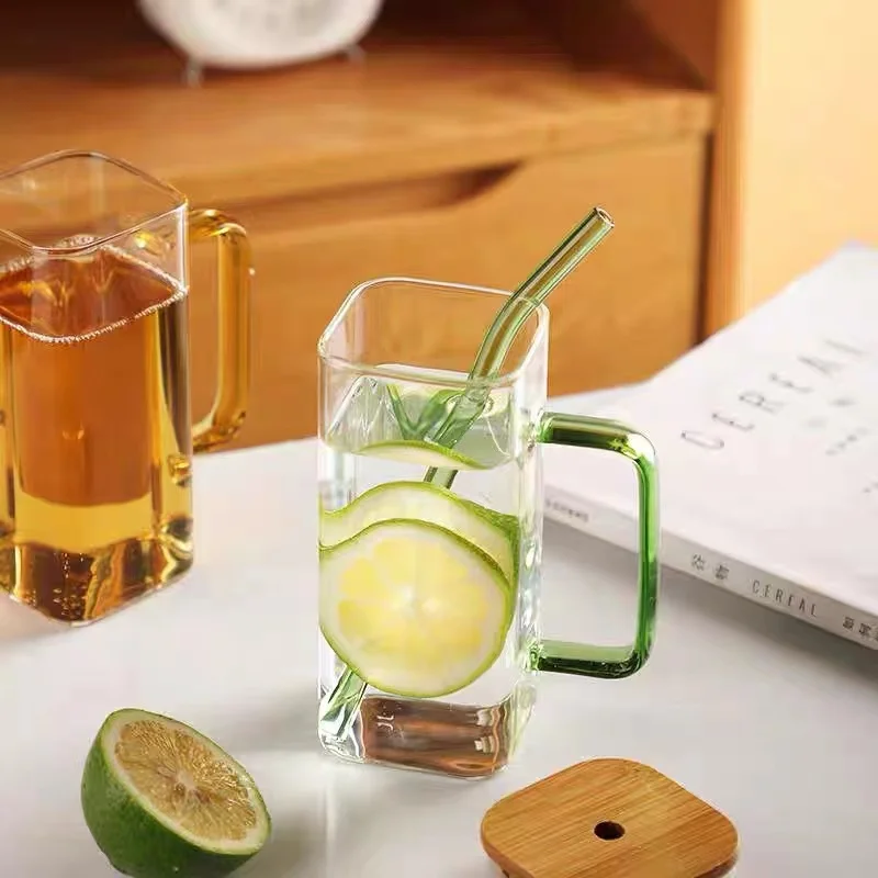 400ml Square Glass Mug With Lid and Straw Breakfast Milk Cup Microwave Safe Transparent Party Beer Coffee Mug Drinkware Glass