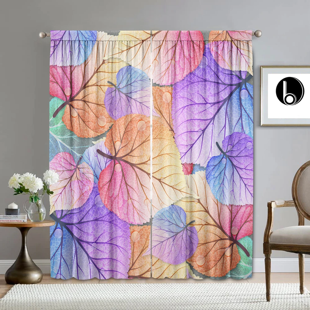 2PC Home Decoration Curtains With Purple Leaves And Small Floral Pockets, Kitchen, Coffee Shop, Living Room, Balcony, Garden