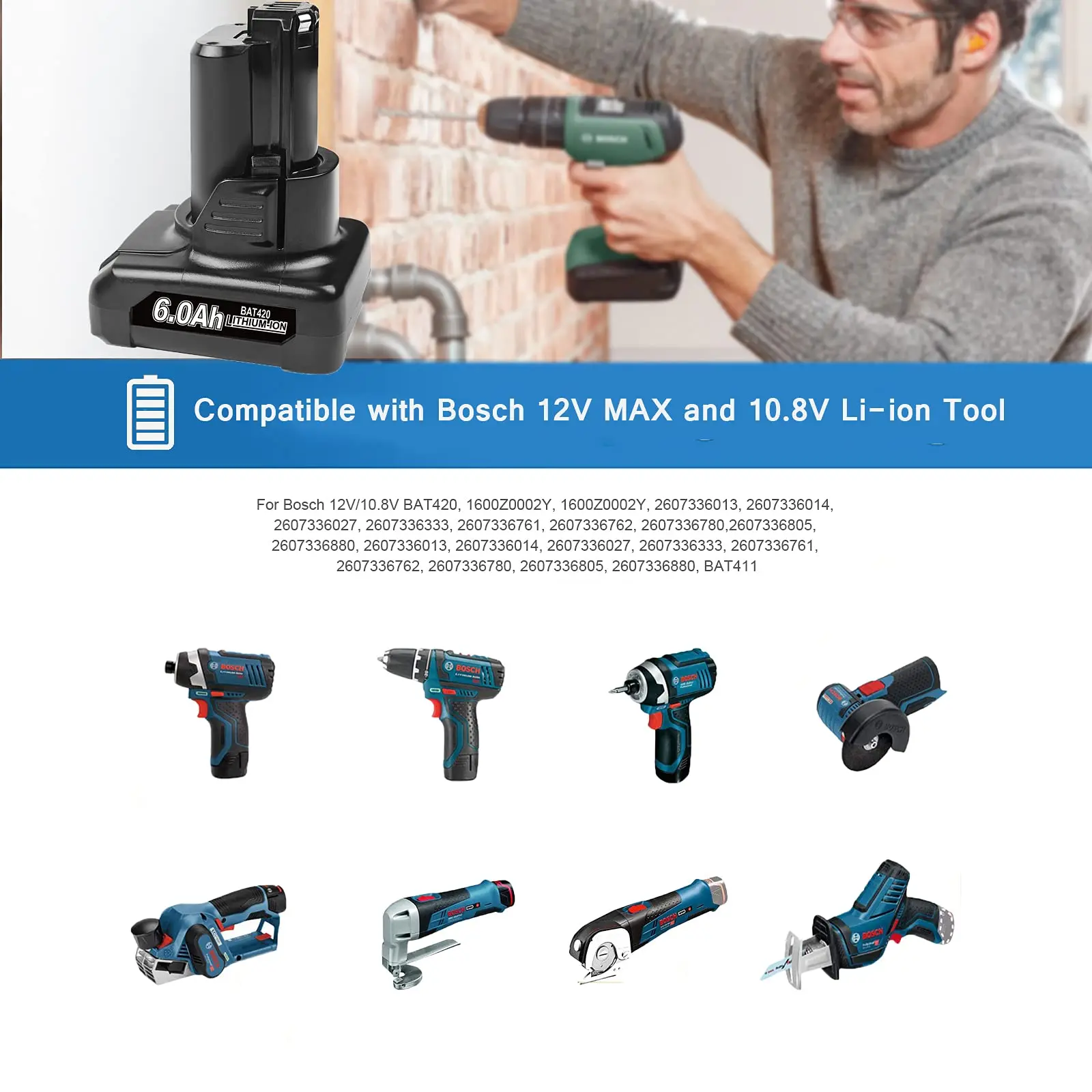 Powtree 12V 6000mAh batteria al litio per Bosch BAT420 BAT411 BAT412 BAT413 BAT412A 10.8V Cordless Power Tools sostituzione della batteria