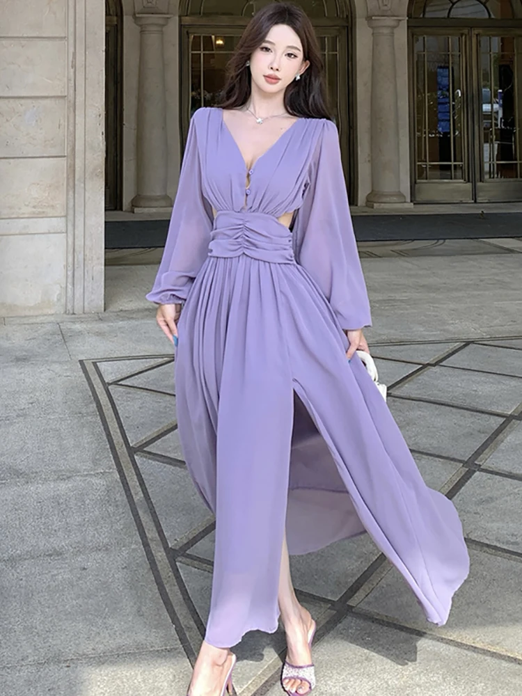秋の紫シフォンホローアウトVネックセクシーバックレスドレス女性エレガントラグジュアリーダンスパーティードレス2025韓国ボディコンベスティドス