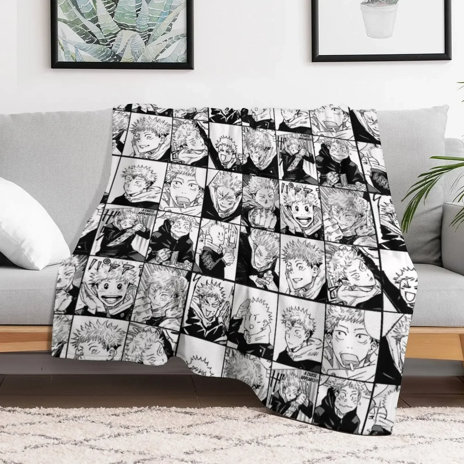 Custom Itadori Yuji Manga Collage -black And White Version Throw Blanket Luxury Designer Thin Warm For Winter Heavy To Sleep Bla