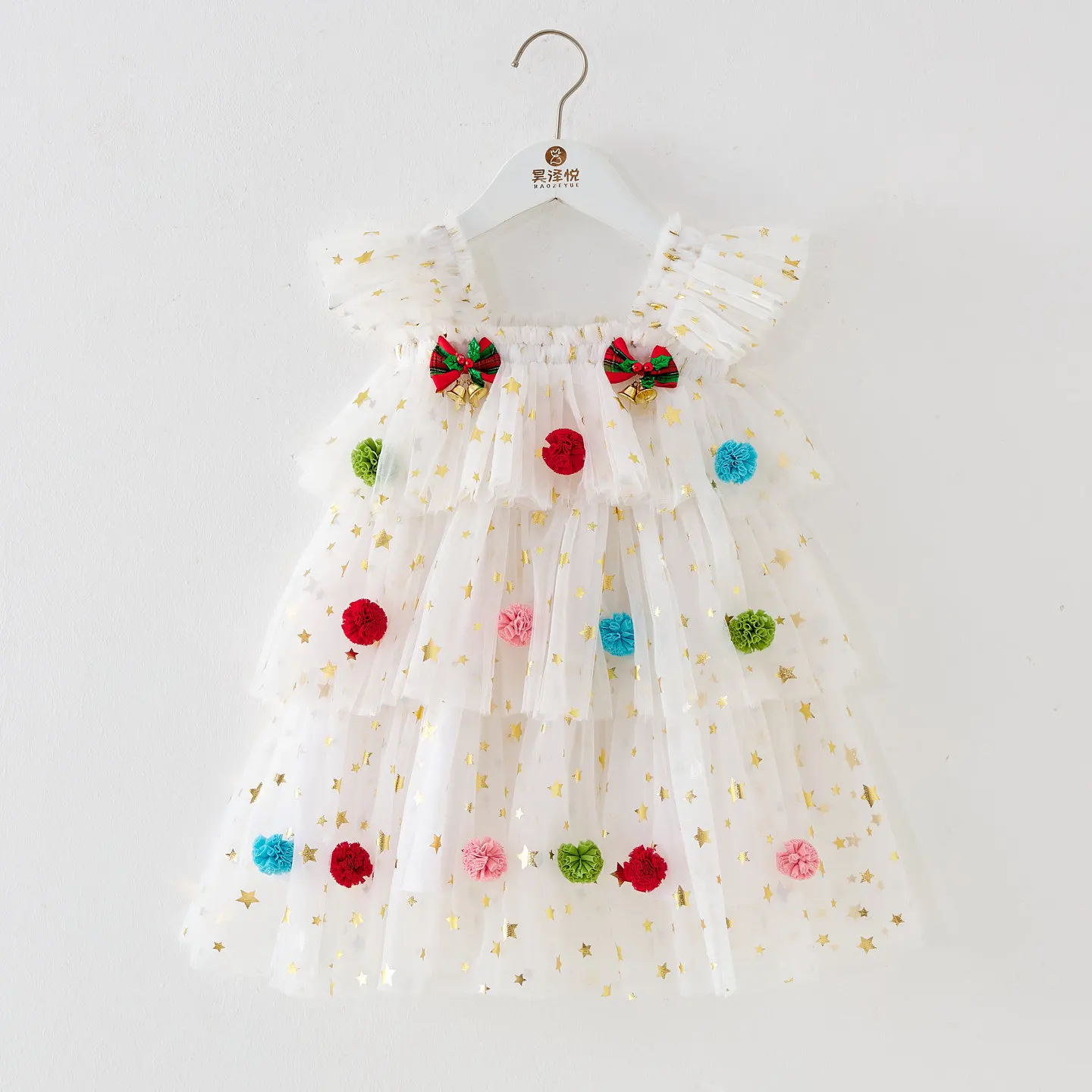 Toddler Girls Christmas Princess Dress Flying Sleeve Star Tulle Tutu Dress Pom Layered Cake Dress Kids Xmas Party Photo Outfit