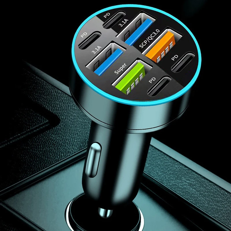 

8-Port Car Charger 4USB+4Type-C PD Fast Charging Truck Vehicles Phone Adapter For Iphone Android Phone Laptop Tablet For Macbook