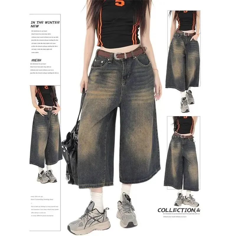 

2025 Summer New Retro High Street Hot Girl High Waist Slimming Wide-leg Cropped Pants Fashionable Loose Jeans Denim Skort Shorts
