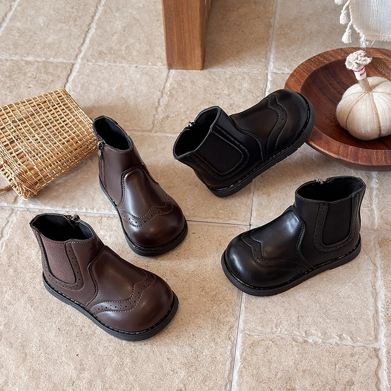 Children's Ankle Boots for Boys Retro Spring Autumn Kids Fashion Boots Black Brown Simple Soft Non-slip Girls Causal Short Boots