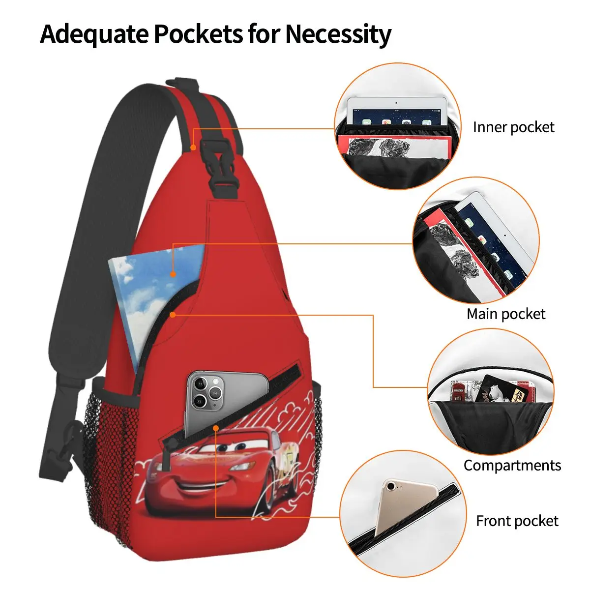 Custom Lighting McQueen Shoulder Crossbody Chest Backpack For Cycling Shoulder Chest Bags Sling Bag Cars Shoulder Backpack