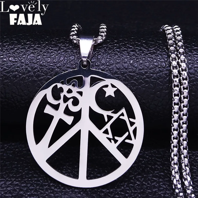 2024 Coexist in Peace Stainless Steel Necklace Om Cross Crescent Moon Star of David Silver Color Women/Men Jewelry N4408S02