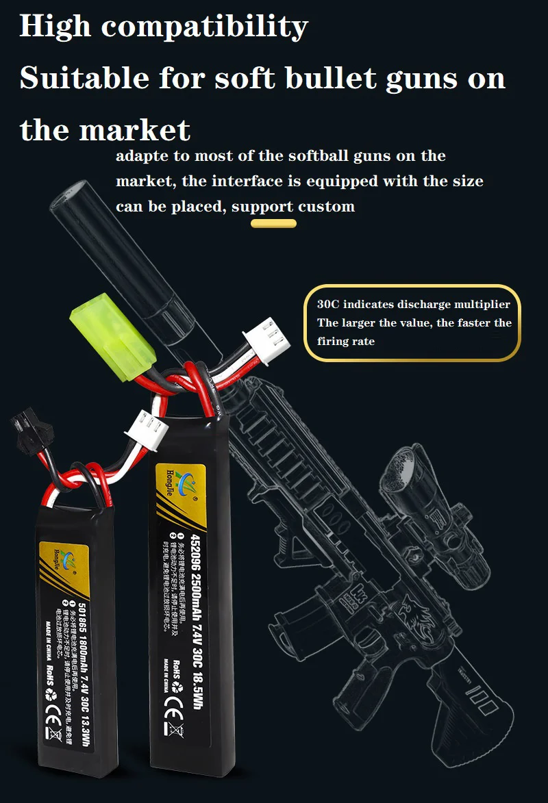7,4V 2500mAh Lipo-Akku mit Split-Verbindung für Wasserpistolen, 2S 7,4V Akku für Mini-Airsoft-BB-Luftpistolen, Elektrische Spielzeugwaffen-Teile – Detail 4