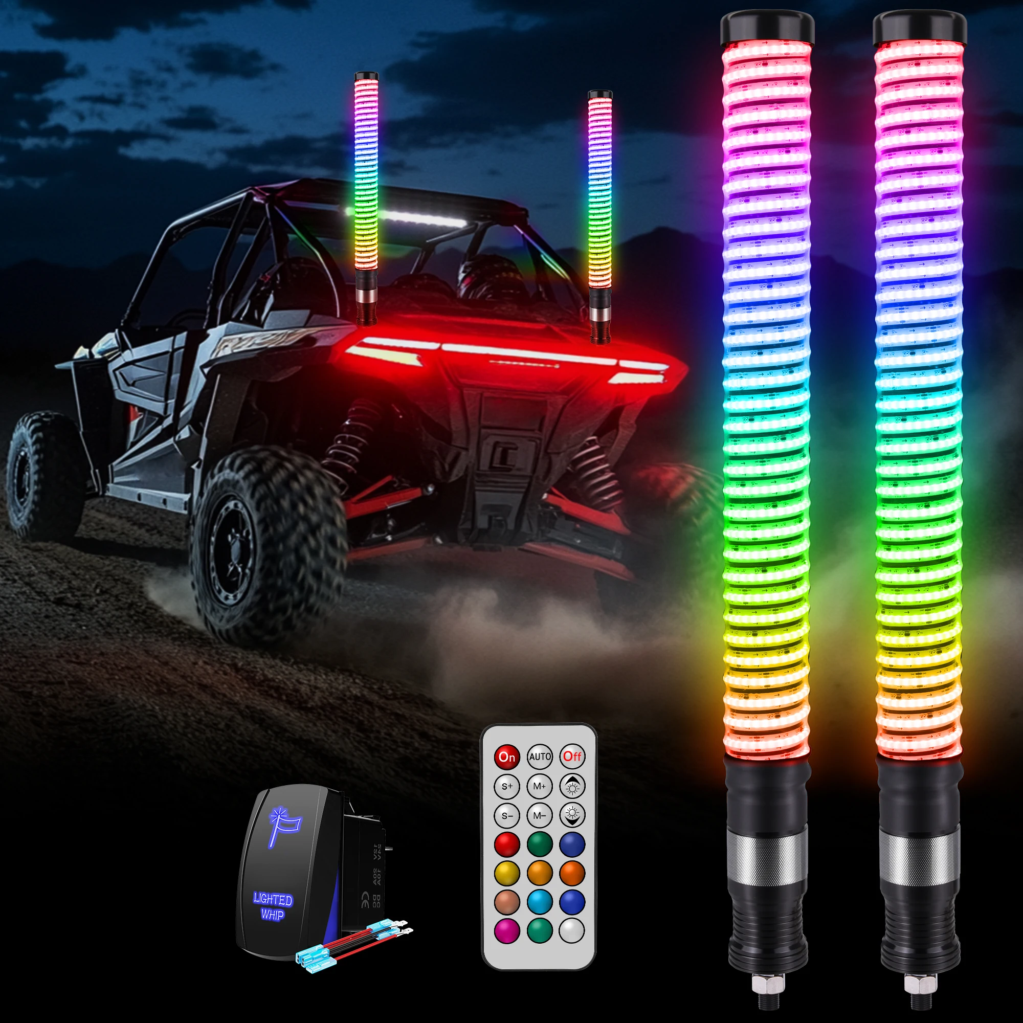 MICTUNING 1FT LED Whip Lights,IP68 Waterproof Remote Control  APP Flagpole Antenna Whips,for UTV, ATV, Off Road, Truck, Sand