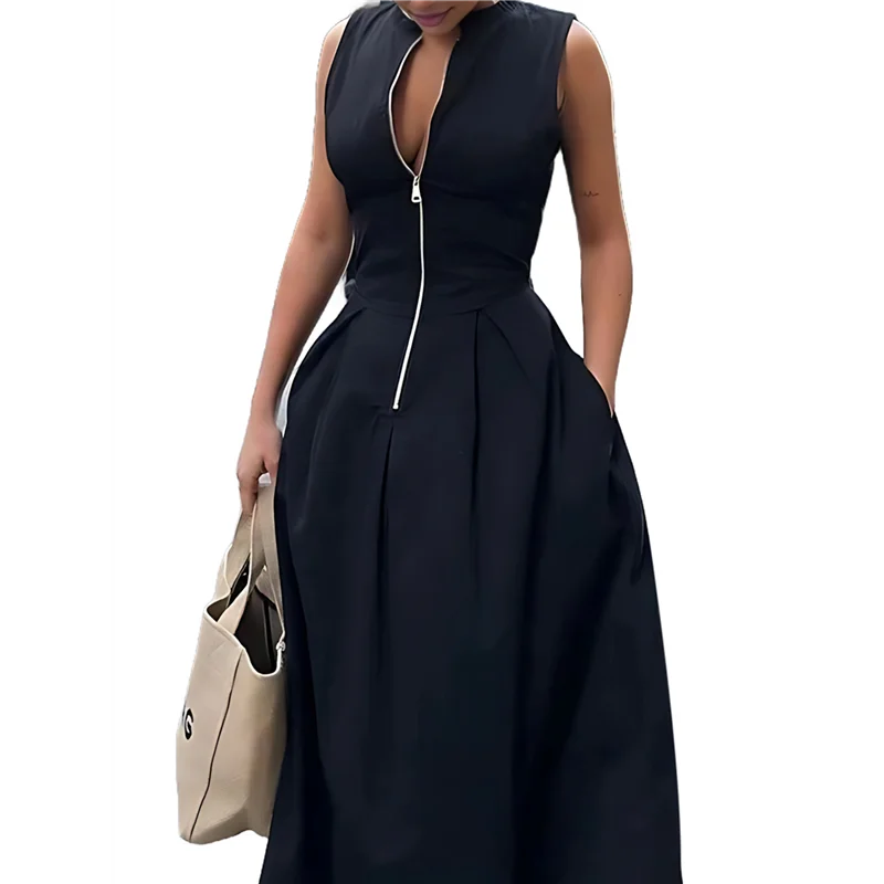 A83F-Abito da donna con scollo a V profondo, maniche ad aletta con cerniera, vita elastica smockata, abito longuette casual estivo diviso con tasche