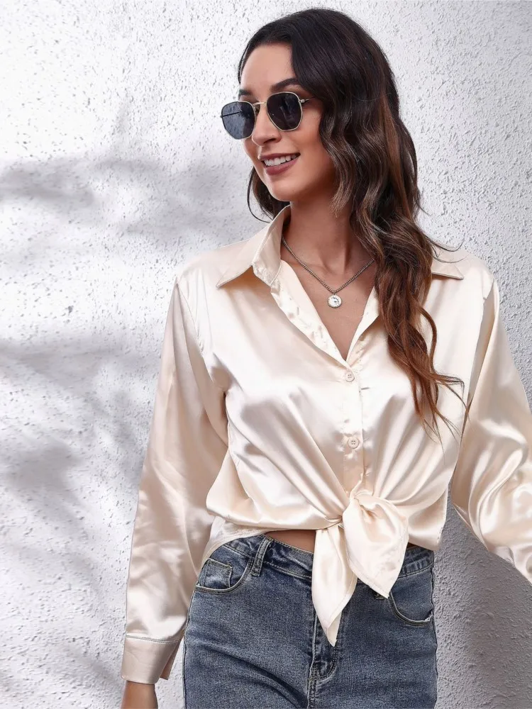 New Women's Fashion Color Ding Shirt Women's Satin Simulation Silk Solid Color Long Sleeve Single Breasted Shirt