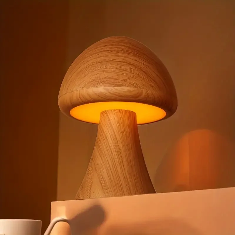 1pc 3 color USB Rechargeable Wooden Mushroom LED Night Light Touch Control With Adjustable 3 Color Temperature For Home Decor