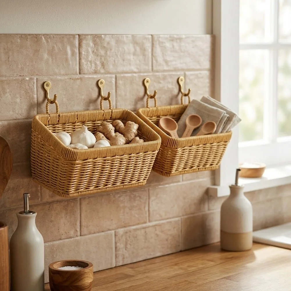 Hand Woven Style Wall Basket 2 Pack for Kitchen Bathroom Decor Storage PP Material Moisture Resistant 13.5x10x9.5cm